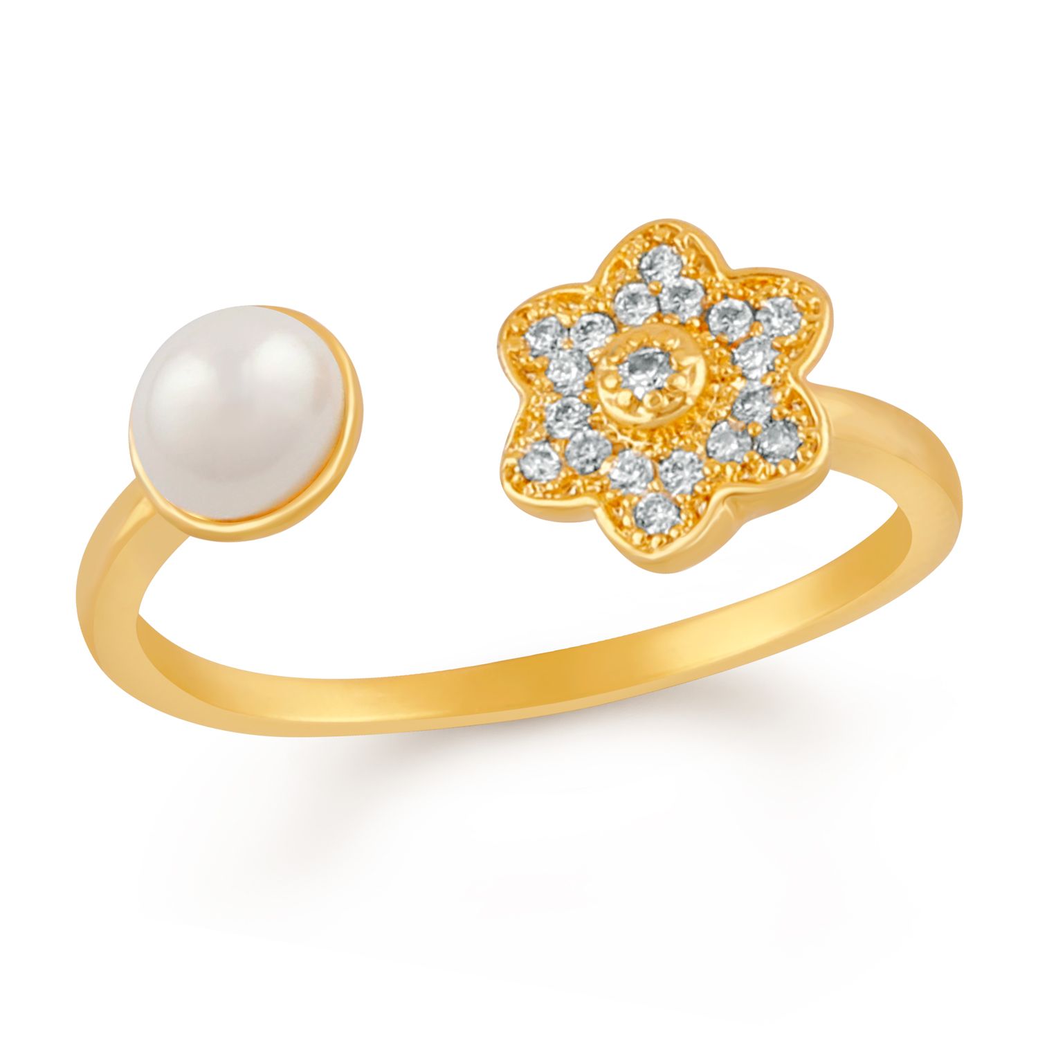 Mahi Gold Plated Floral Love Adjustable Finger ring with CZ stones and