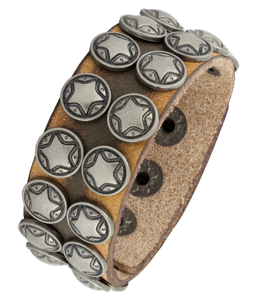 The Jewelbox Star Slim Biker Funky 100% Genuine Handcrafted Tan Dark Brown Leather Wrist Band Bracelet