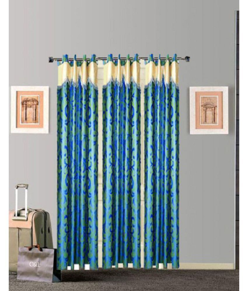     			Tidy Set of 3 Door Eyelet Curtains Floral Blue