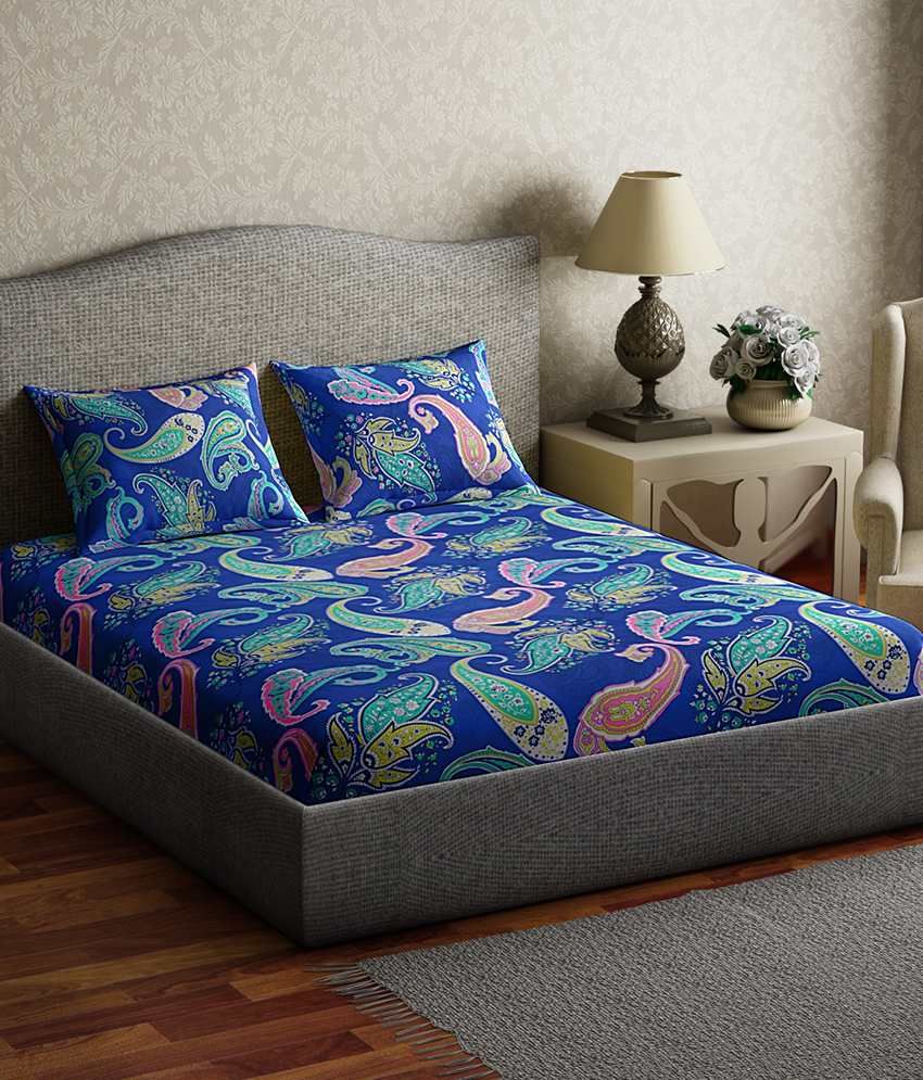 Welhome by Welspun Blue Cotton Double Bed Sheet with 2 Pillow Covers