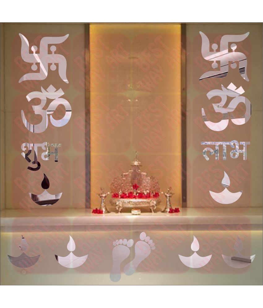 BEST DECOR Om Swastik Silver 2 Acrylic Silver Wall Sticker Pack of 14
