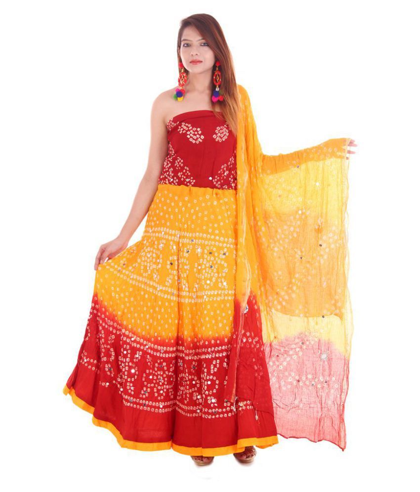     			Apratim Yellow and Red Cotton Straight Semi Stitched Lehenga