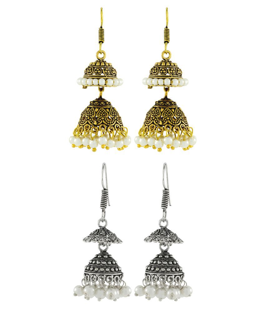     			The Jewelbox Antique Oxidized German Silver Pearl Double Jhumki Earring Combo For Women