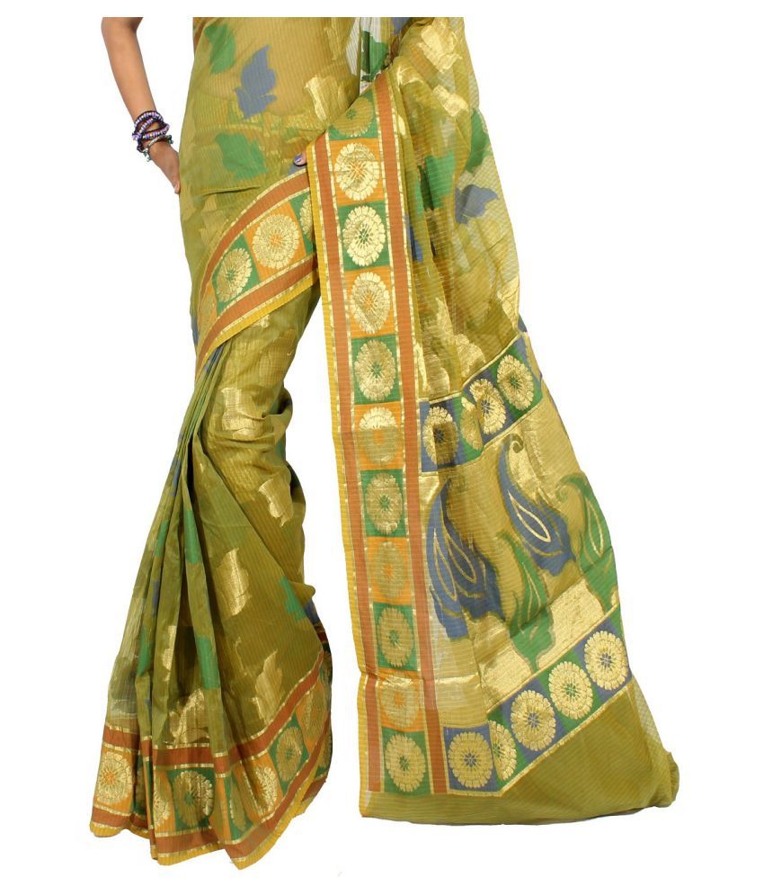 Green And Yellow Cotton Jacquard Saree