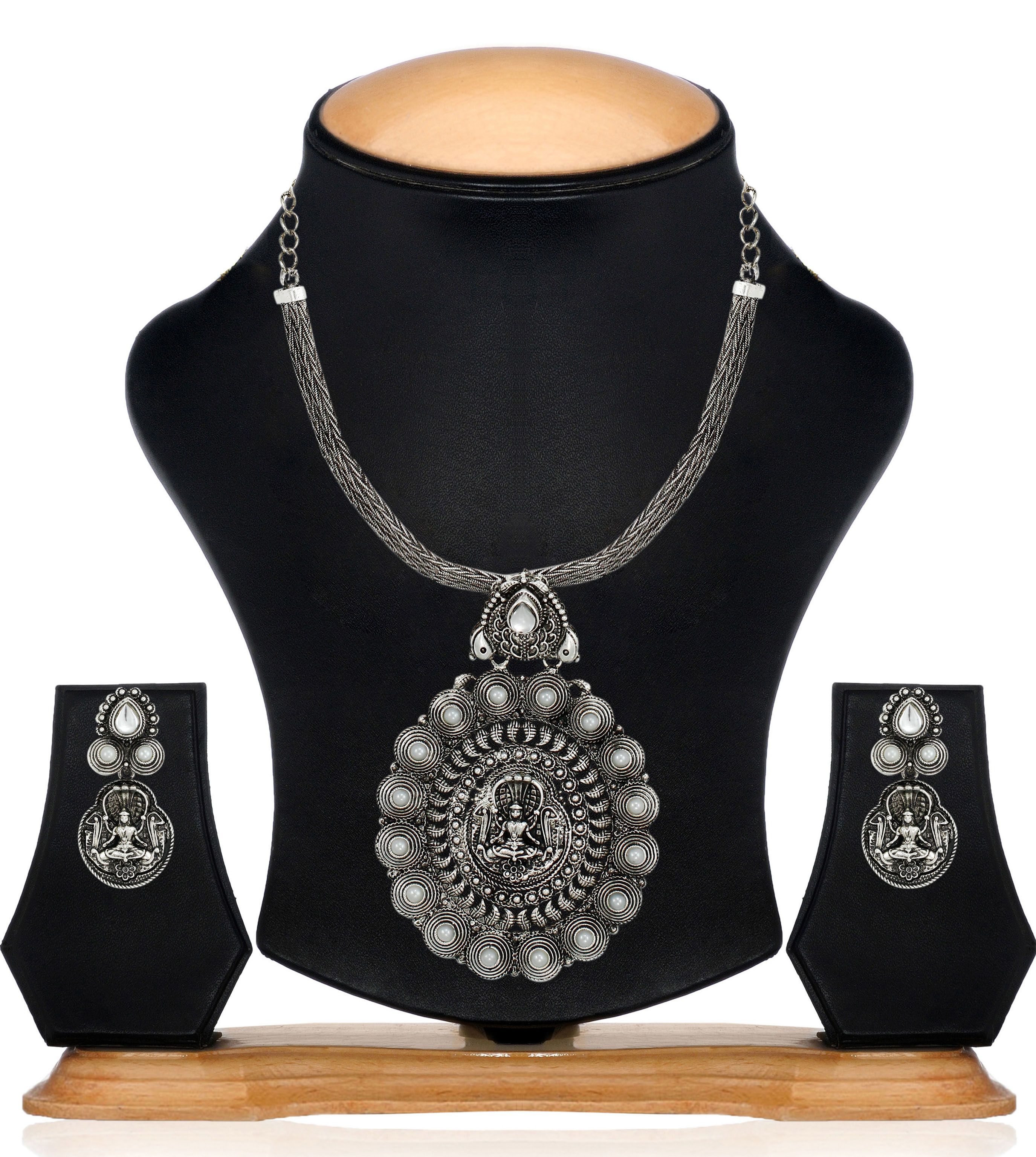 Zaveri Pearls Antique Silver Toned Divine Goddess Temple Necklace Set