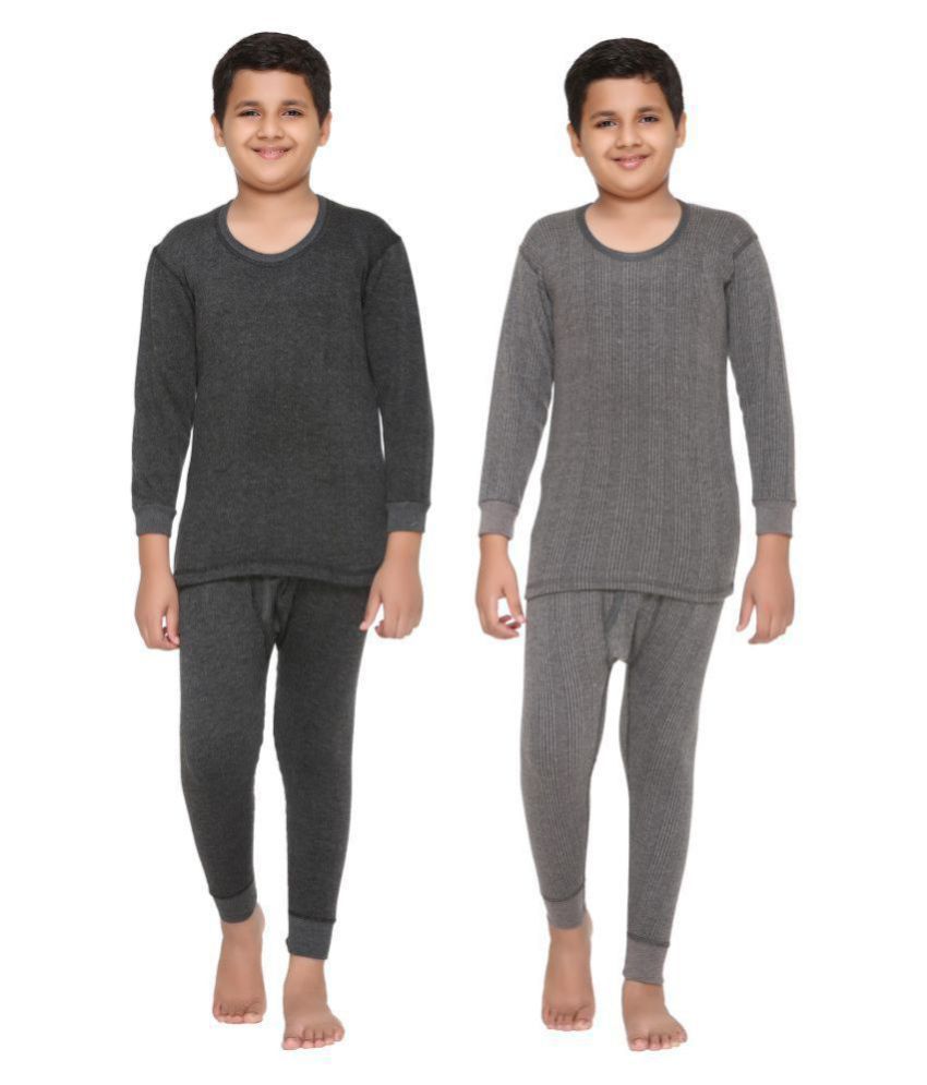     			Vimal Jonney Grey Cotton Blend Thermal Top & Bottom Set Pack of 2