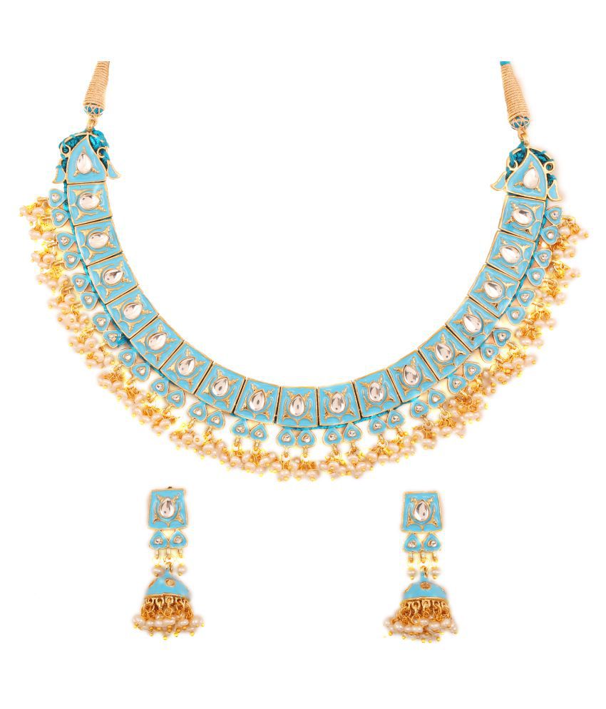 Touchstone Royal Meena Collection Indian Bollywood Fantastically Created Traditional Meenakari Enamel Faux Pearls Designer Jewelry Choker Set for Women in Gold Tone. 