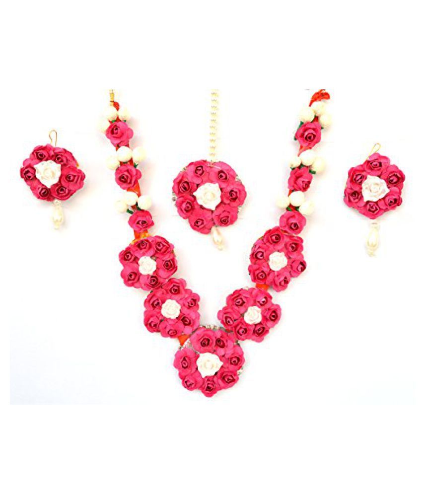 Floret Jewellery Mogra Pink Designer Flower Jewellery Set With Maang