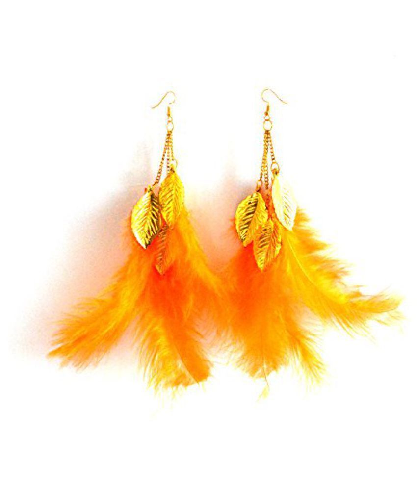 Floret Jewellery Orange Feather Earrings With Golden Leaves For Women
