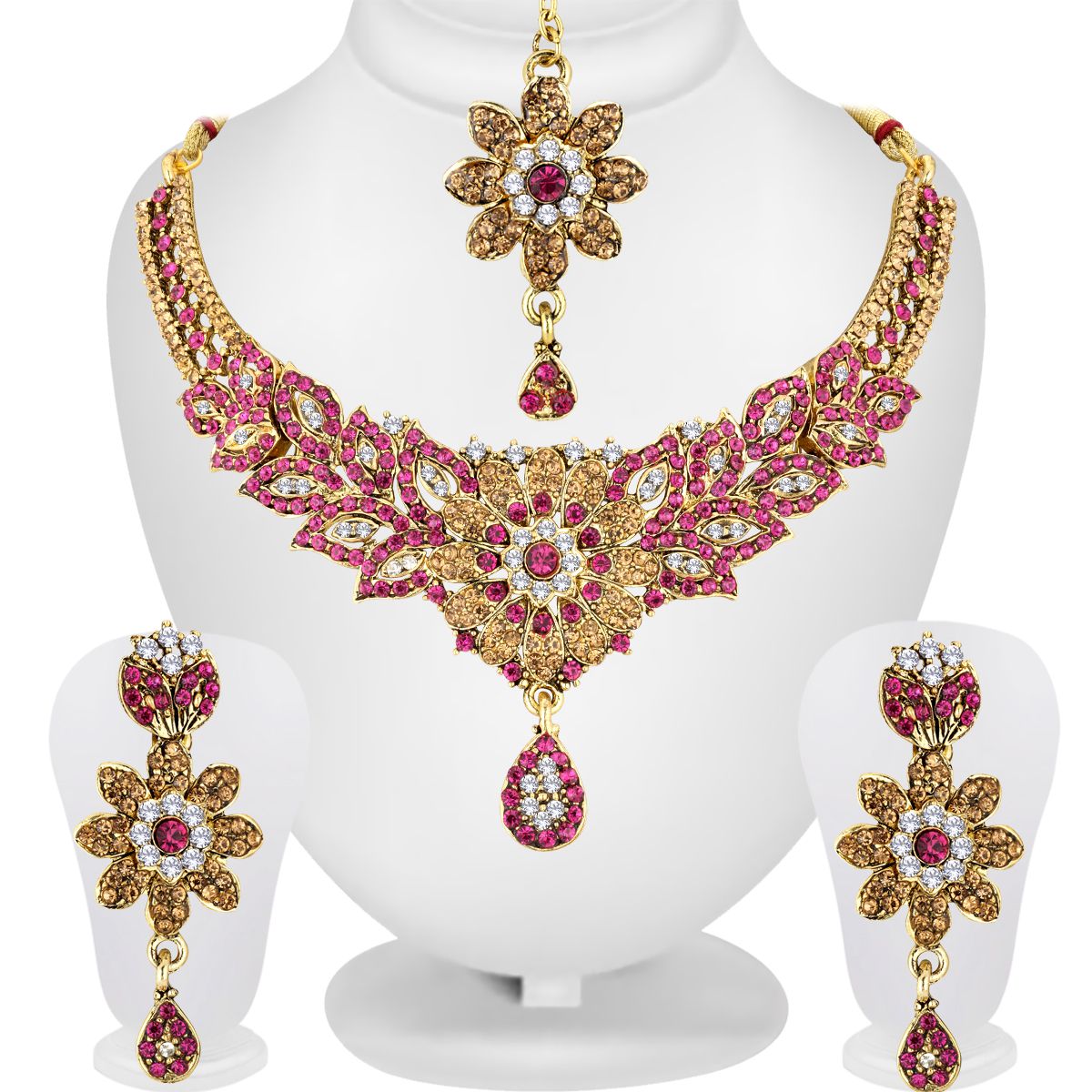 Spargz Floral Gold Plated Bollywood Purple AD Stone Fashion Bridal jewellery Necklace Set For Women AINS_300