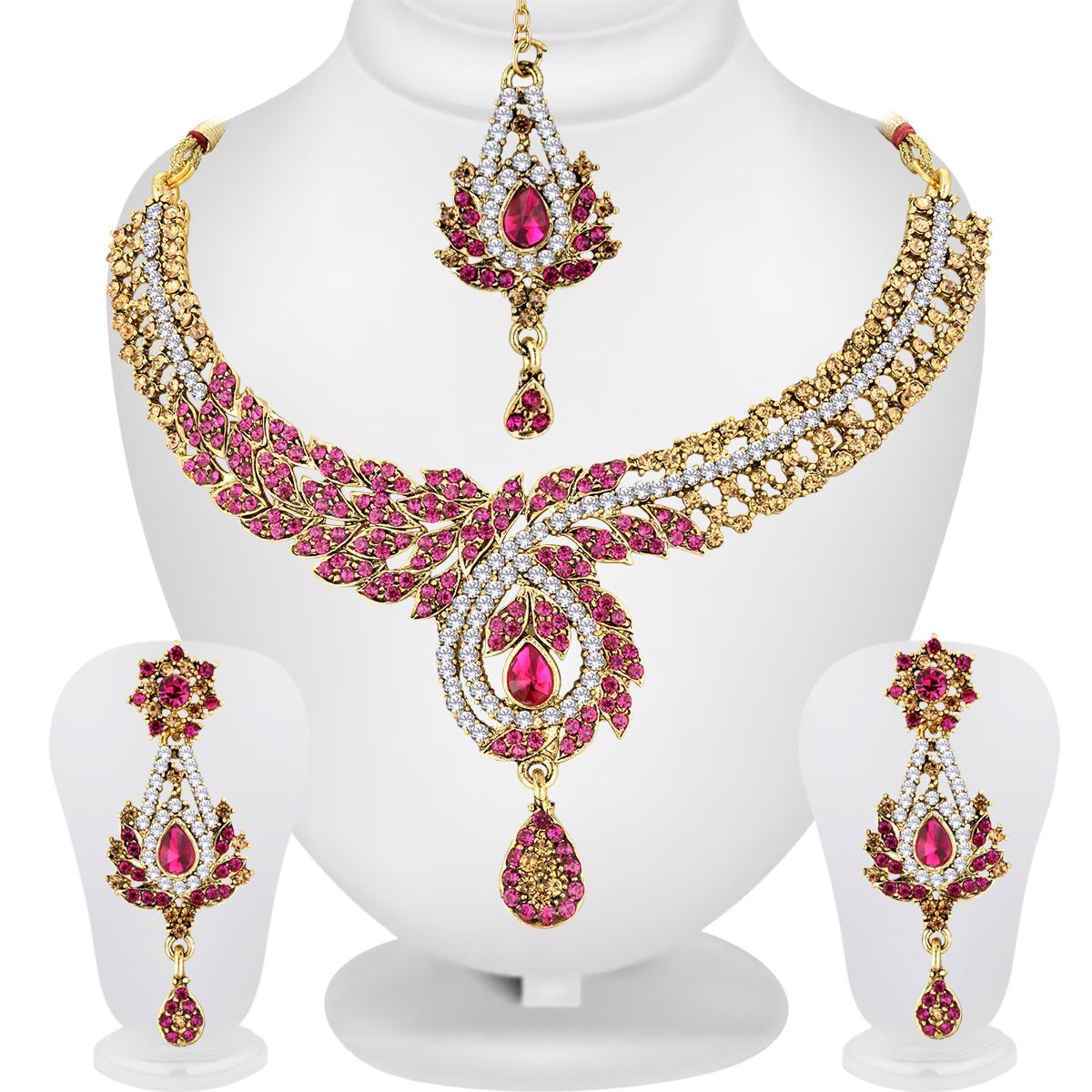     			Spargz New Indian Bollywood Gold Plated Purple AD Stone Fashion Bridal jewellery Necklace Set For Women AINS_303
