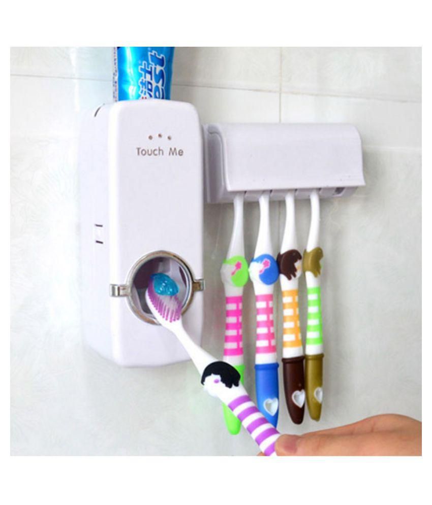     			Everything Imported Automatic White Toothpaste Dispenser with Toothbrush Holder Stand