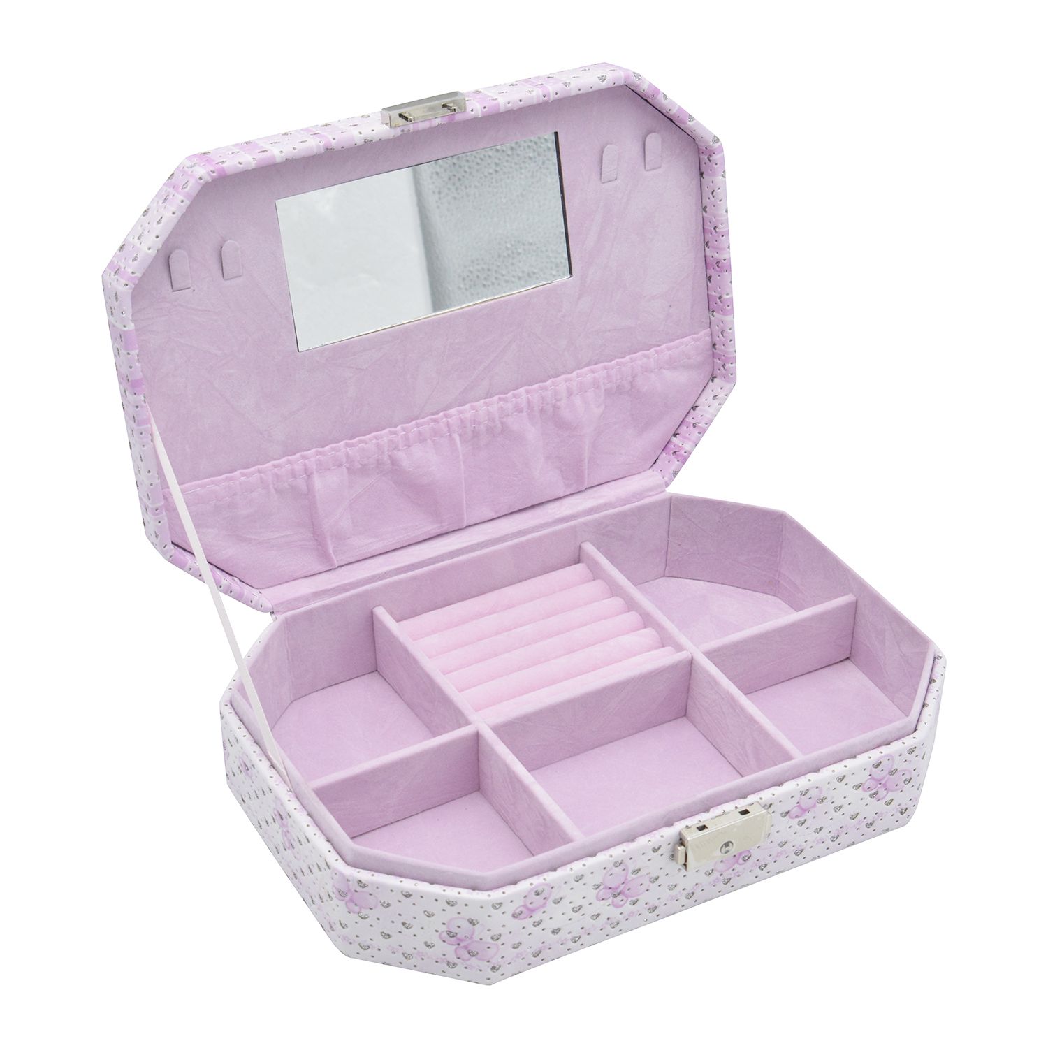 Jewelry Organizer Box with Mirror, 6 Section Purple Butterfly Print