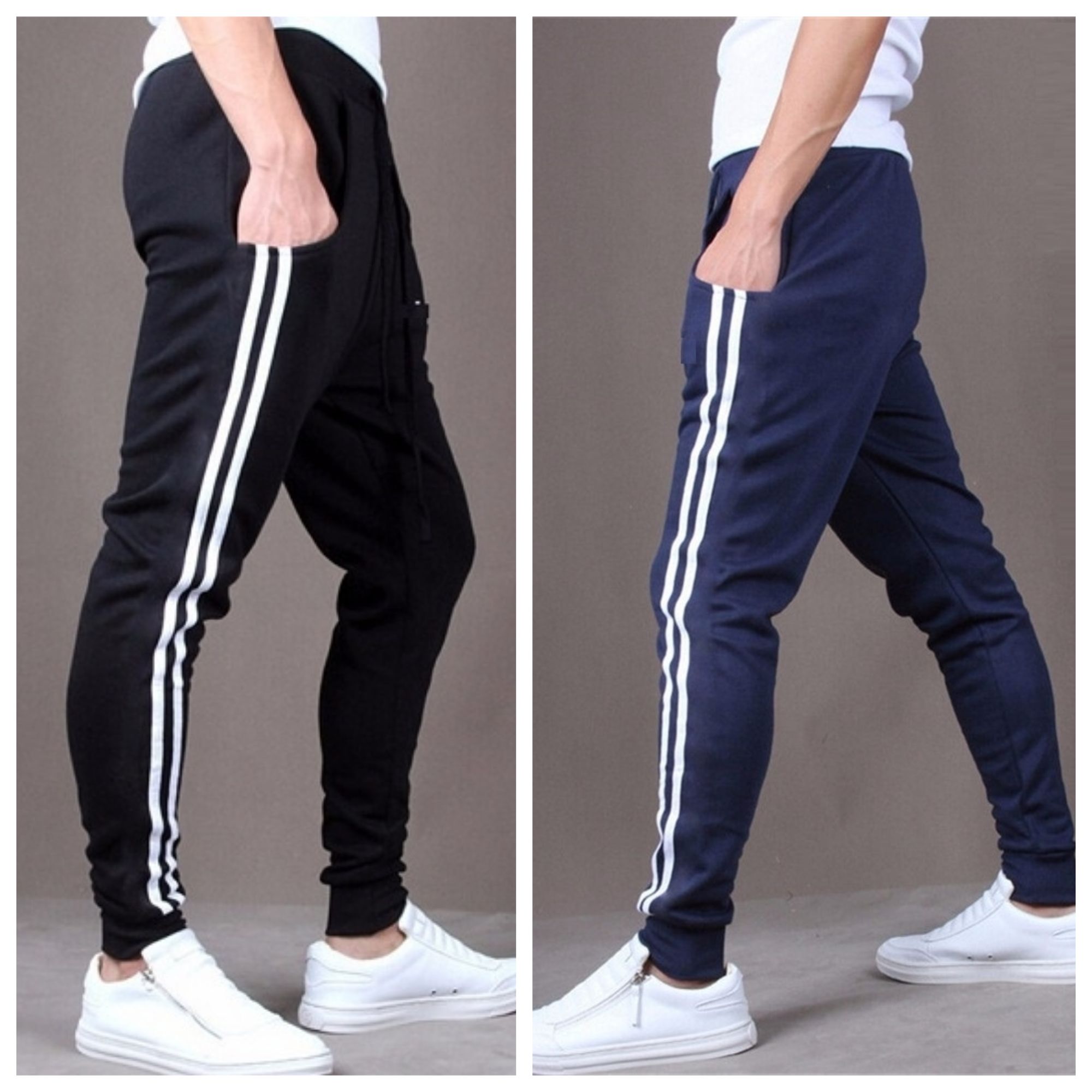 black and blue track pants