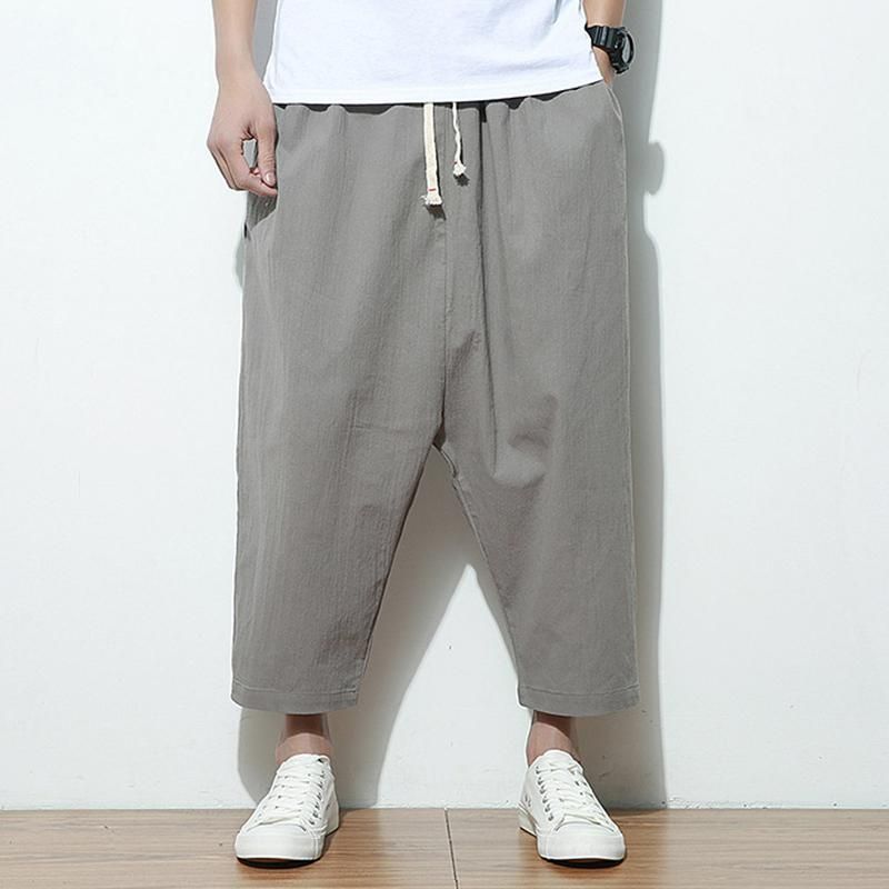 mens solid color baggy loose drawstring casual cotton harem pants