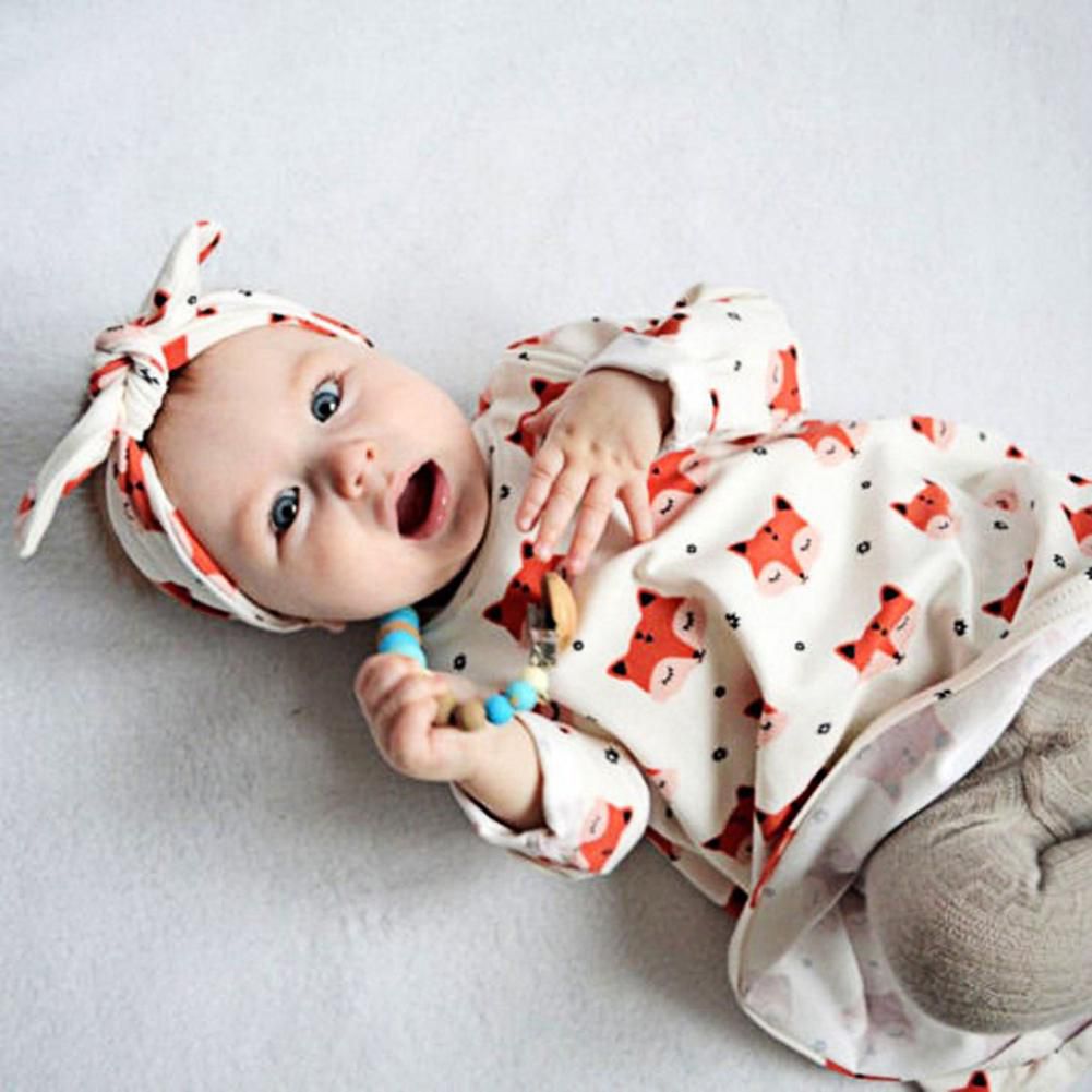 EG_ 2Pcs Newborn Baby Girls Foxes Pattern Cotton Long Sleeve Dress Headband Witt 