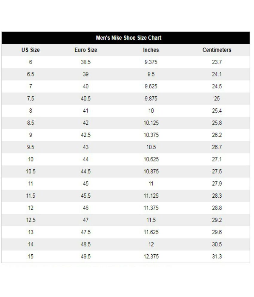 nike zoom size chart