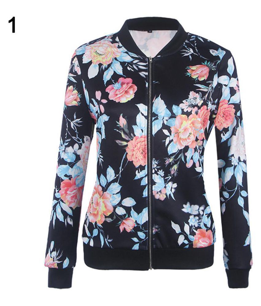 Women Fashion Flower Floral Print Jacket Cool Long Sleeve Zipper Coat ...