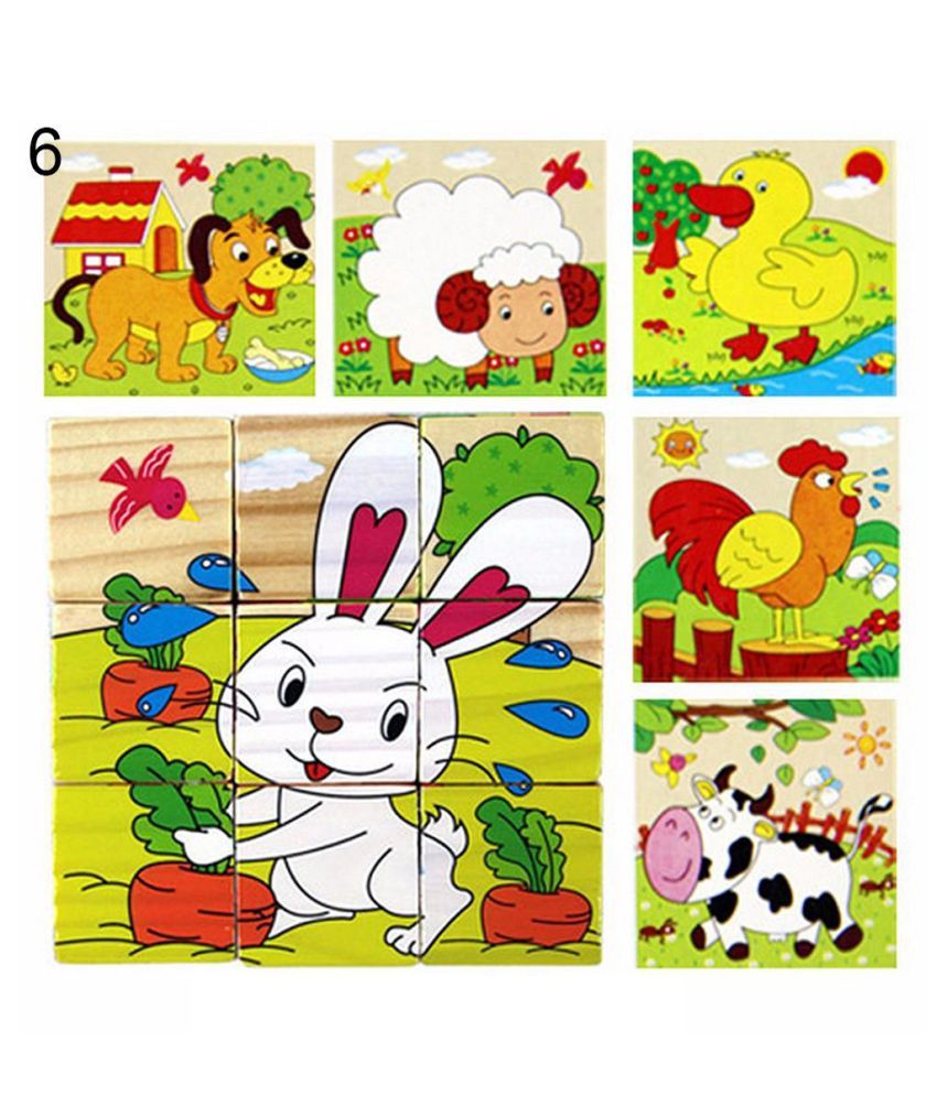 Wooden 3D Animals Puzzle Blocks Cube Jigsaw Baby Kids Education ...