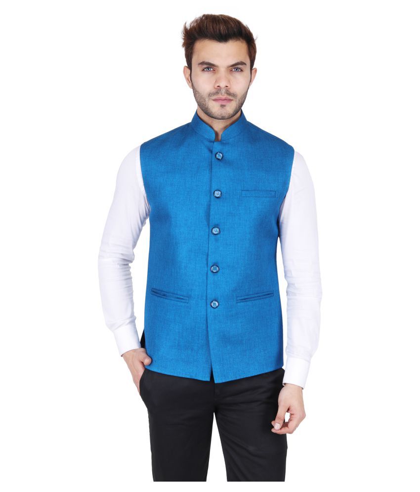 Badoliya & Sons Blue Jute Nehru Jacket - Buy Badoliya & Sons Blue Jute ...