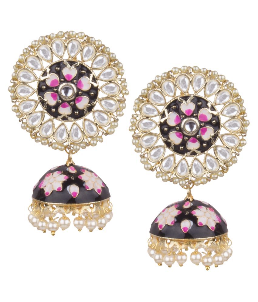     			Piah Fashion Appealing Gold Plated Black  & Pink Minakari With White Pearl & Kundan Brass Jhumkhi For Women & Girls \n
