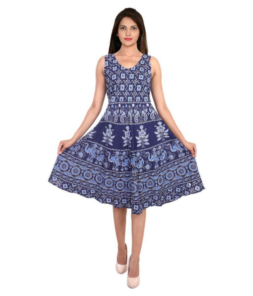 Decot Paradise Cotton Blue Fit And Flare Dress - Buy Decot Paradise ...