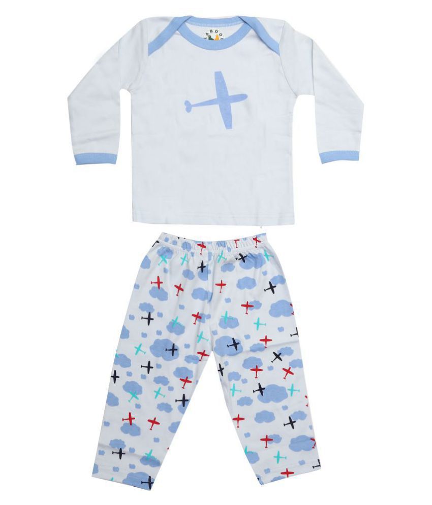     			Kaboos White and Blue Colour Cotton Top and Pajama Set for Baby Boys