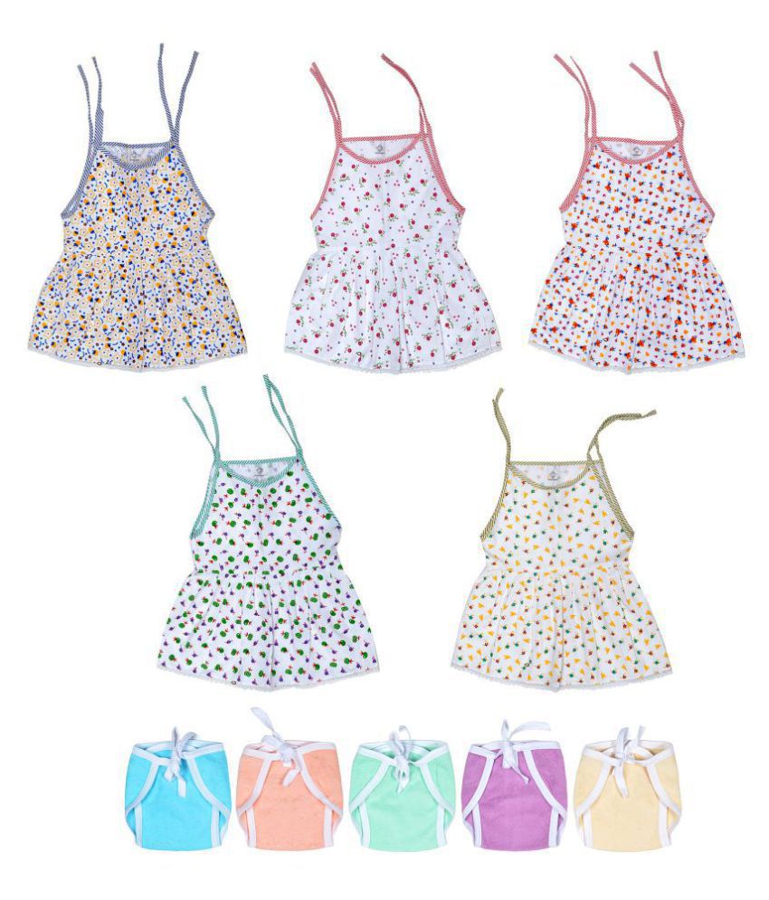     			\n	\nSathiyas Baby Girls Gathered Dresses with Nappies (Pack of 10) (0-6Months) (Rope Knot) …