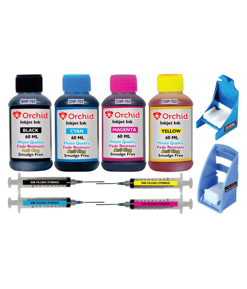 Orchid Multicolor Four Bottles Refill Kit For Hp 703 Black And Color Ink Cartridge Photo Quality 6433