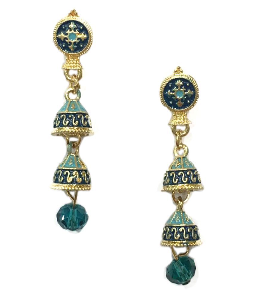     			Digital Dress Women's Oxidized Earrings Indian Traditional Handcrafted Light Weight Blue Enamel Work Design Gold-Plated Double Jhumki Earring for Women & Girls Fashion Imitation Jewellery