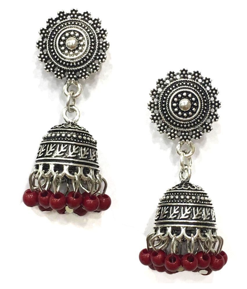     			Digital Dress Women's Oxidized Earrings Indian Traditional Handcrafted Light Weight Red Beads Design Silver-Plated Jhumki Earring for Women & Girls Fashion Imitation Jewellery