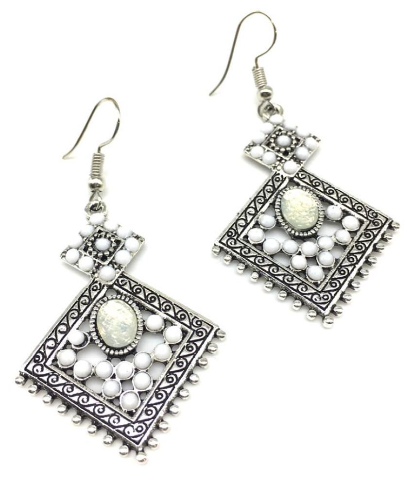    			Digital Dress Women's Oxidized Earrings Indian Traditional Handcrafted Light Weight White Beads Work Dangle Drop Design Silver-Plated Hook Earring for Women & Girls Fashion Imitation Jewellery