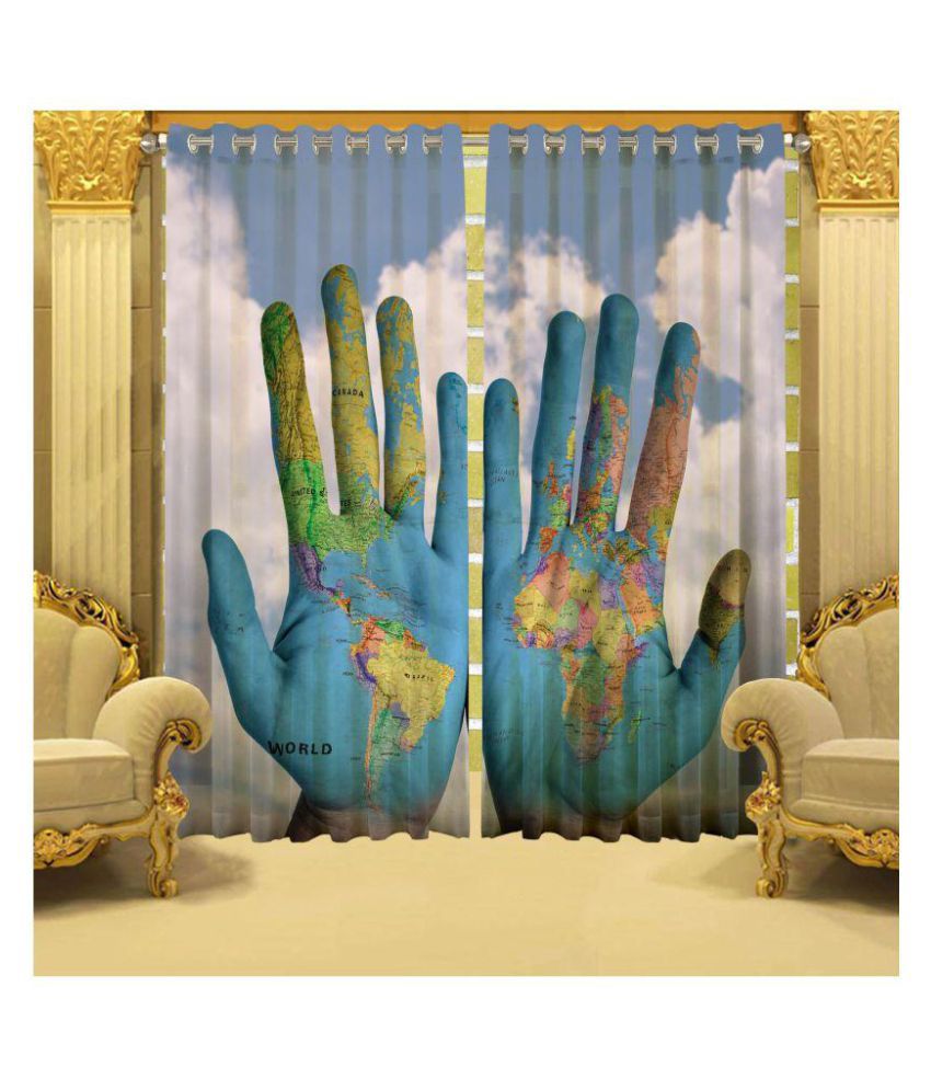     			indiancraft Set of 2 Long Door Semi-Transparent Eyelet Polyester Curtains Blue