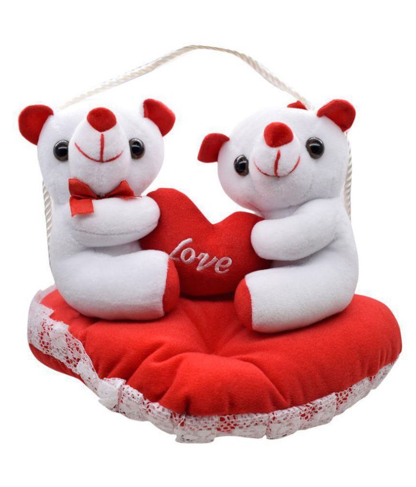 Ultra Cute Soft Toy Teddy Bear Couple Holding Red Heart on Red Cushion