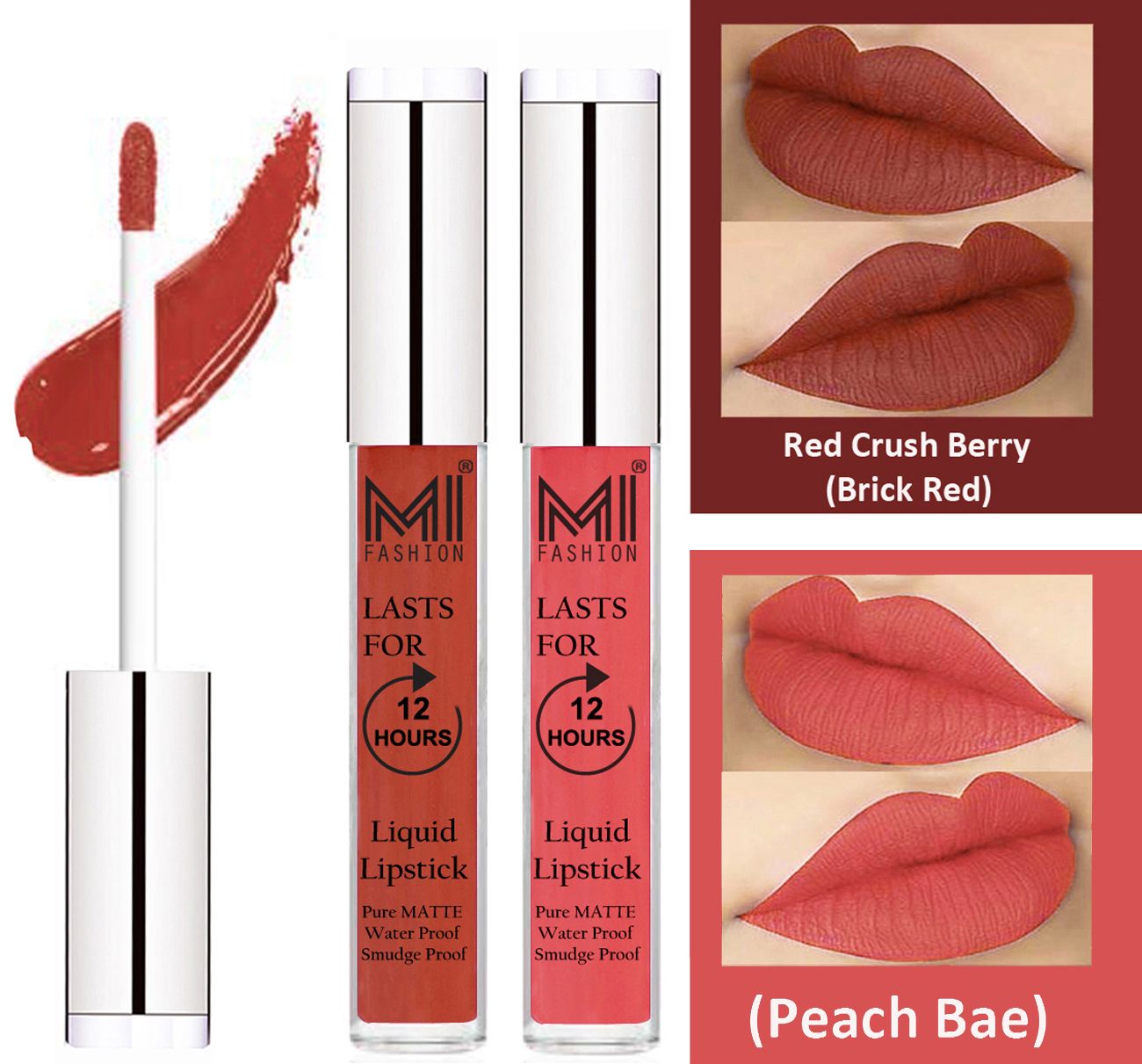     			MI FASHION Liquid Lipstick Brick Red,Peach Bae 3 ml Pack of 2