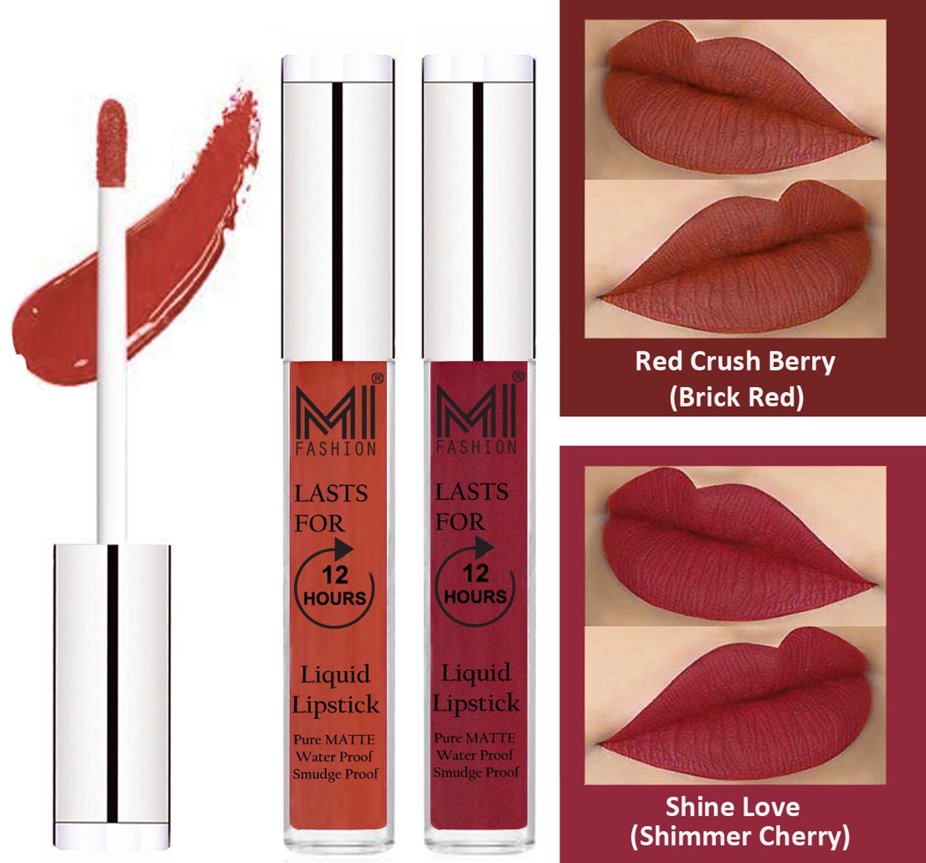     			MI FASHION Liquid Lipstick Brick Red,Shimmer Cherry  3 ml Pack of 2