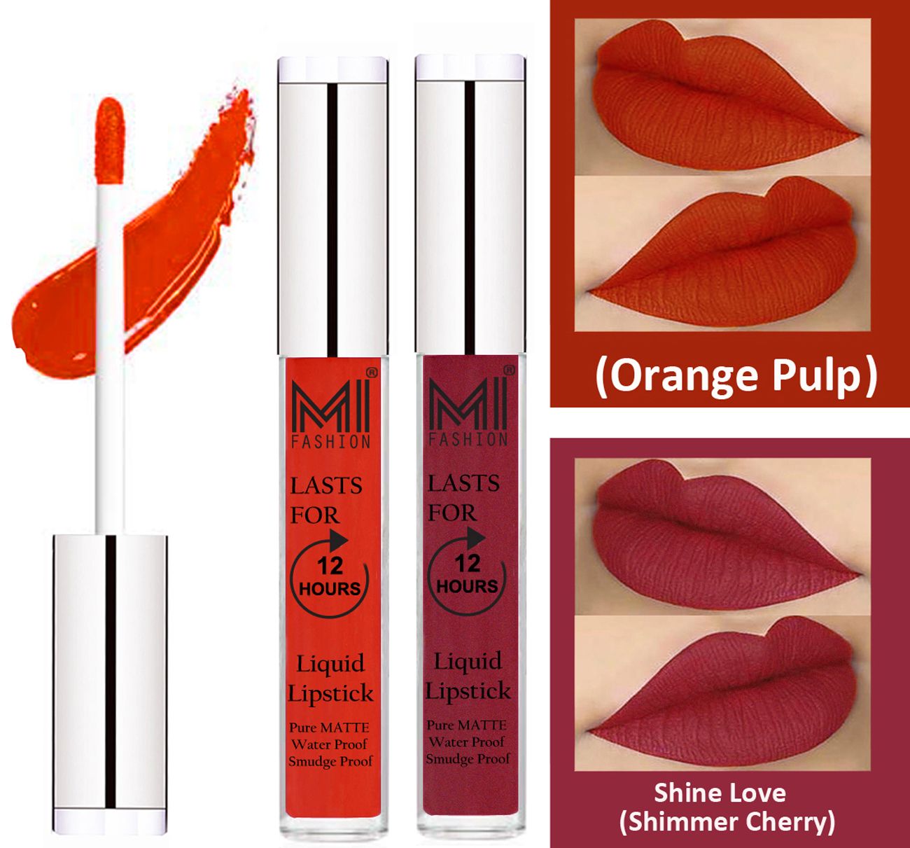     			MI FASHION Liquid Lipstick Orange Pulp,Shimmer Cherry  3 ml Pack of 2