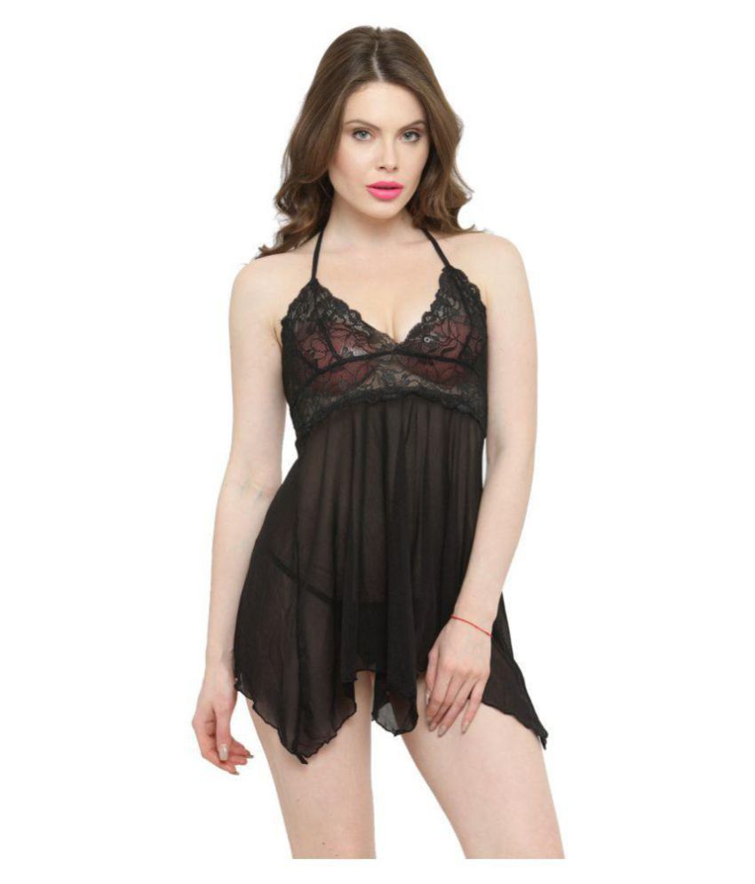     			N-Gal Polyester Baby Doll Dresses With Panty - Black