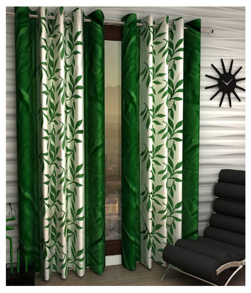     			Phyto Home Floral Semi-Transparent Eyelet Door Curtain 7 ft Pack of 4 -Green