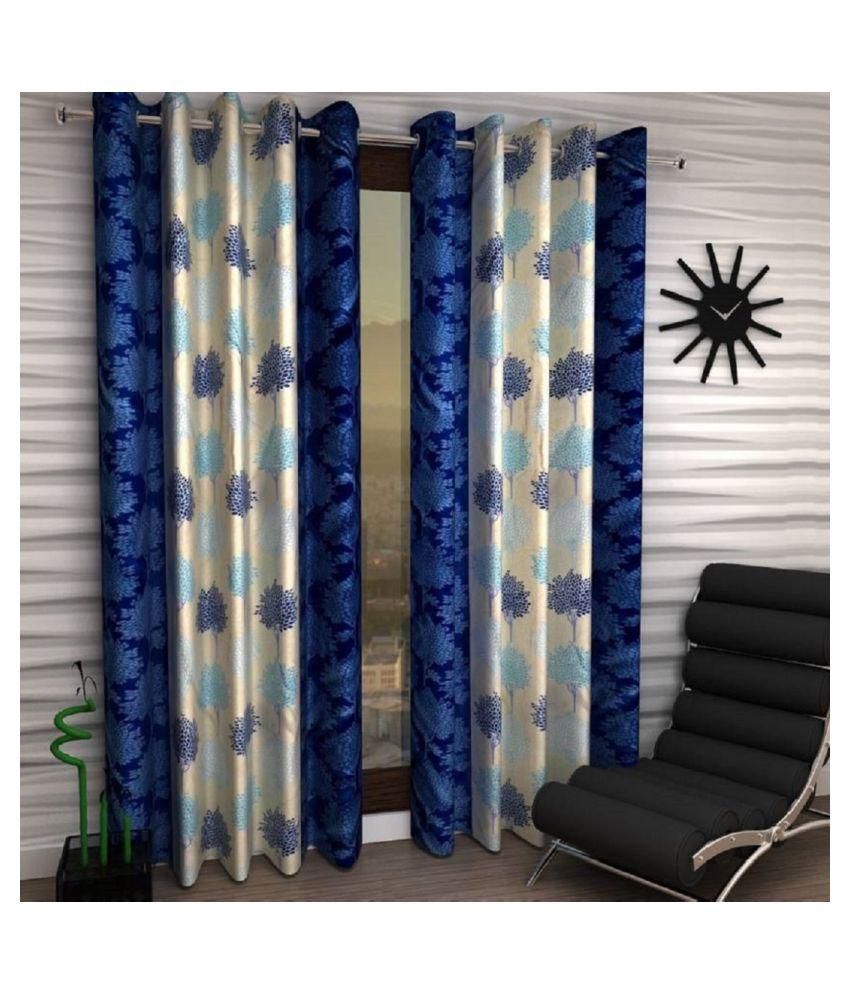     			Phyto Home Floral Semi-Transparent Eyelet Door Curtain 7 ft Pack of 4 -Blue