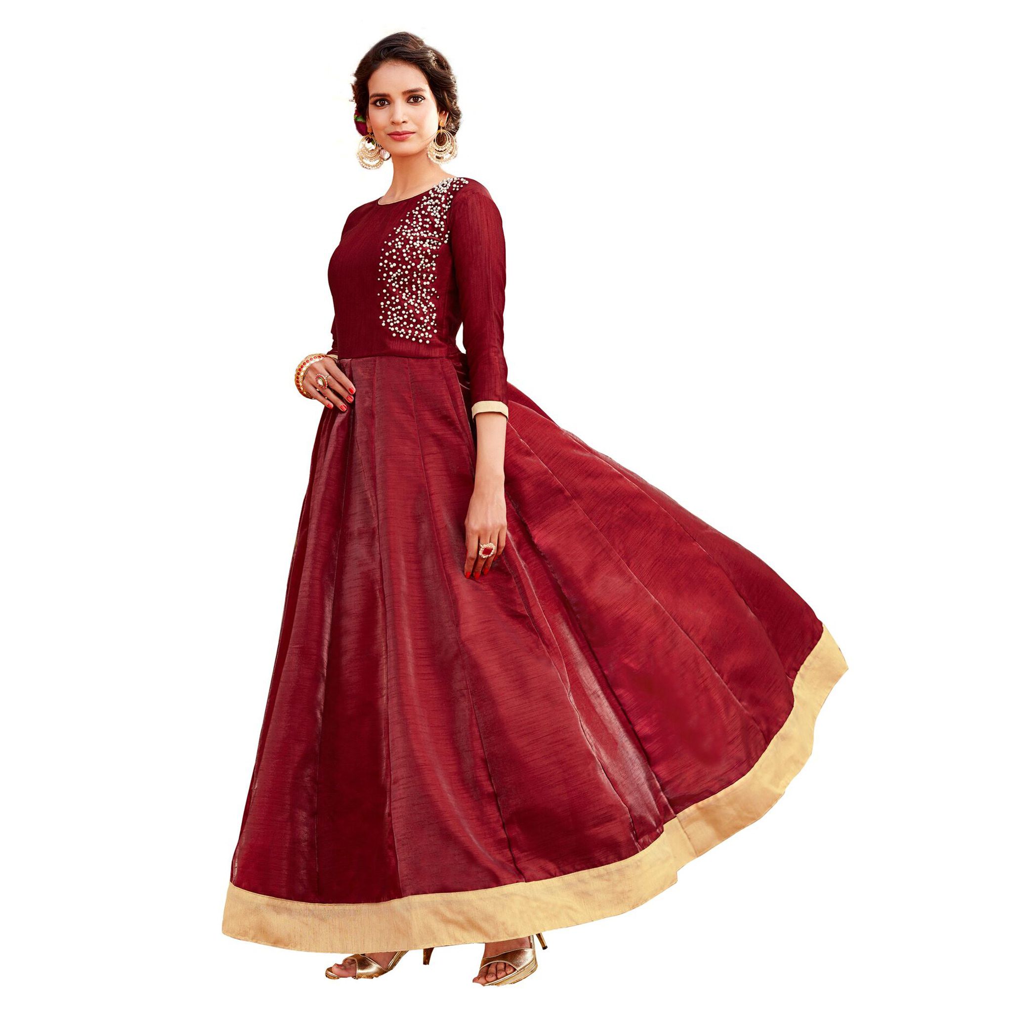 Aryan Fashion Store Red and Beige Satin Anarkali Gown Semi-Stitched ...
