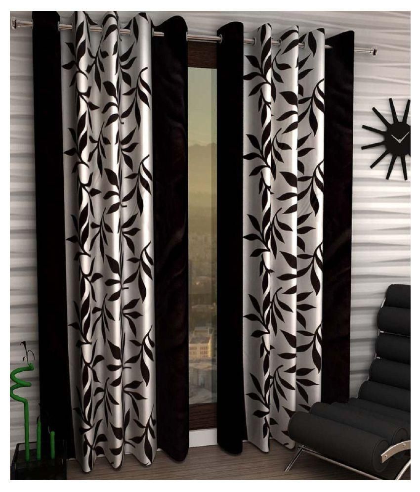     			Panipat Textile Hub Floral Semi-Transparent Eyelet Door Curtain 7 ft Pack of 4 -Black