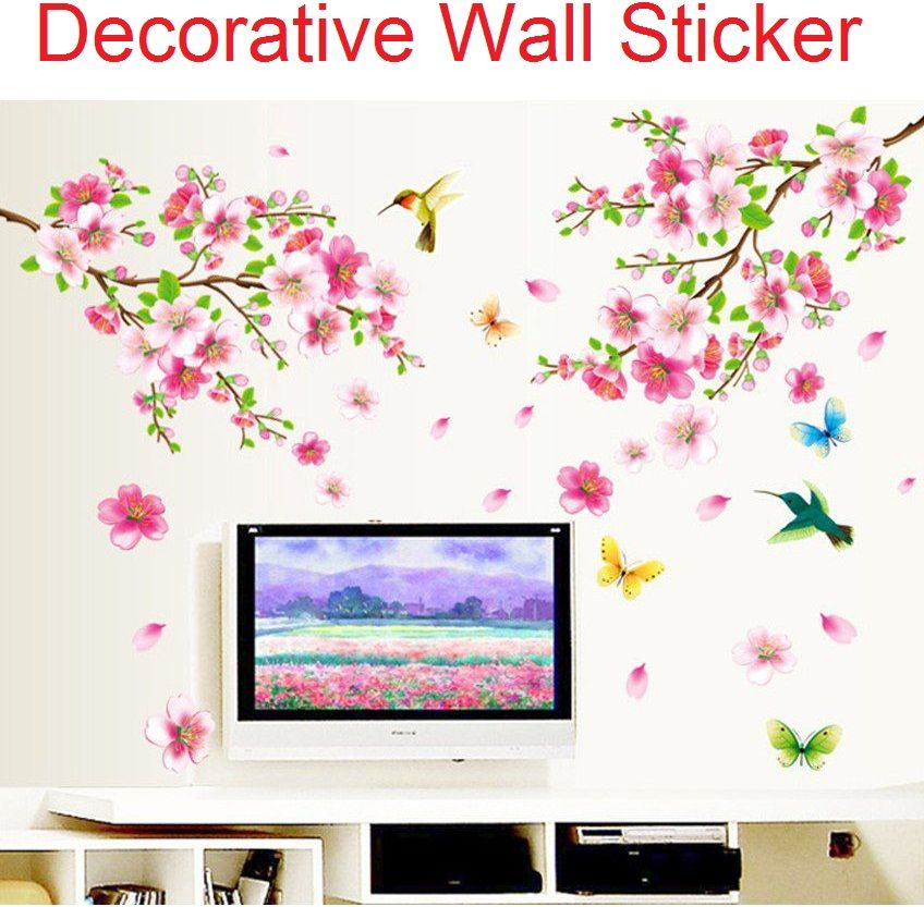 Stickerskart Pink and Green Vinyl Flowers TV Background Branch LED