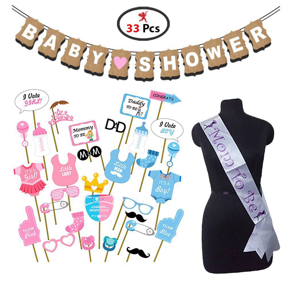     			Party Propz Baby Shower Set Of 33 Pieces Combo (Banner+Photo Booth Props+Mom To Be Sash) For Baby Shower Decoration