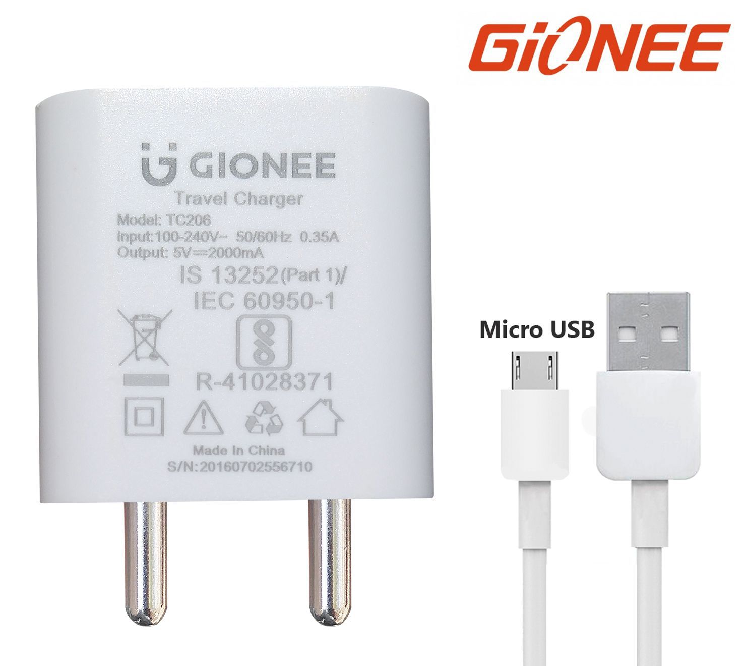     			Gionee 2.1A Travel Charger with Micro USB Cable for Gionee Mobiles