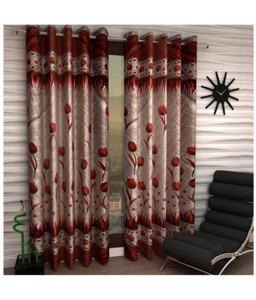     			Panipat Textile Hub Floral Semi-Transparent Eyelet Door Curtain 7 ft Pack of 6 -Red