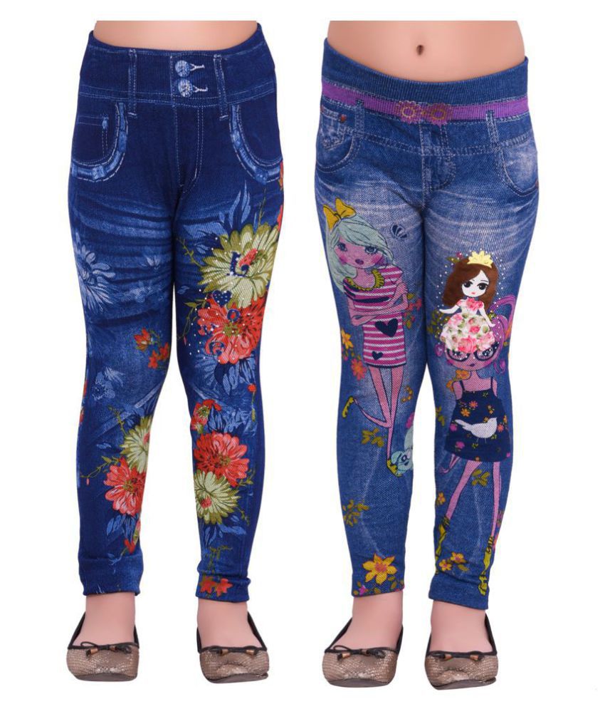    			Ziva Fashion Girls Printed Blue Poly Cotton Jeggings (Pack of 2)