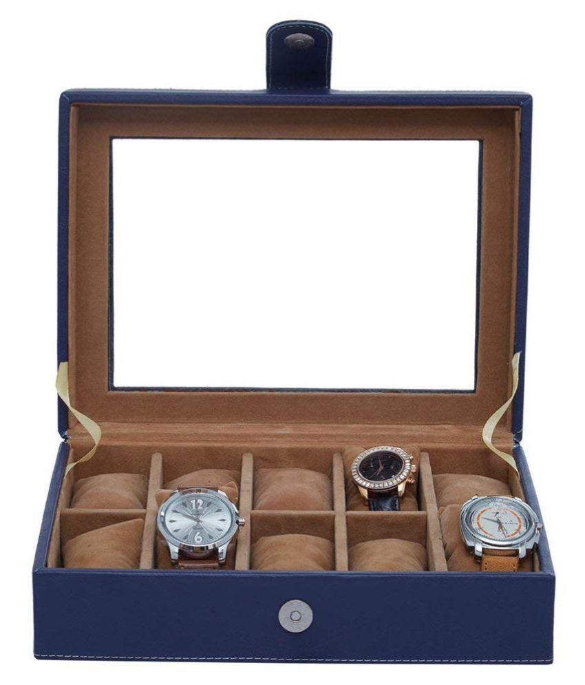     			Leather World 10 Compartments Blue PU Leather Designer Watch Box Case with Clasp Closure