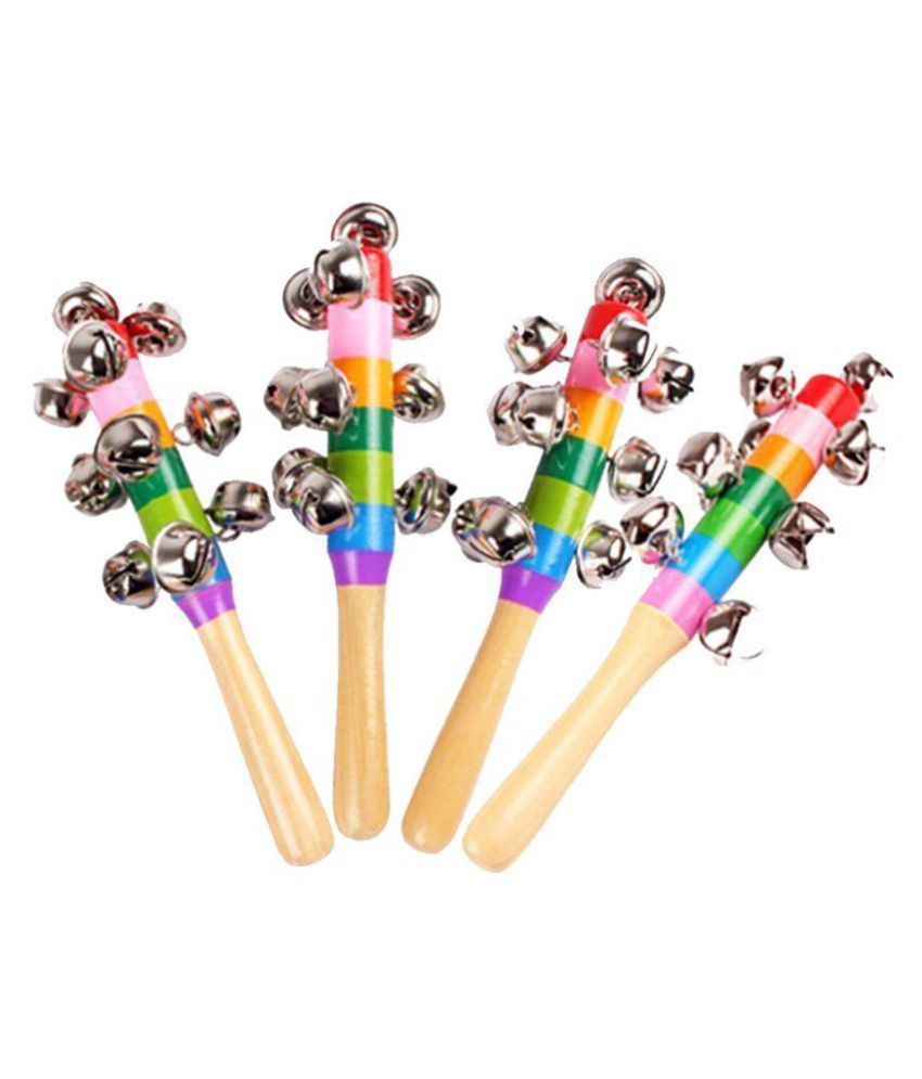     			BuzyKart Colorful Wooden Rainbow Handle Jingle Bell Rattle Toy Crib Shaker Stick - Set Of 4