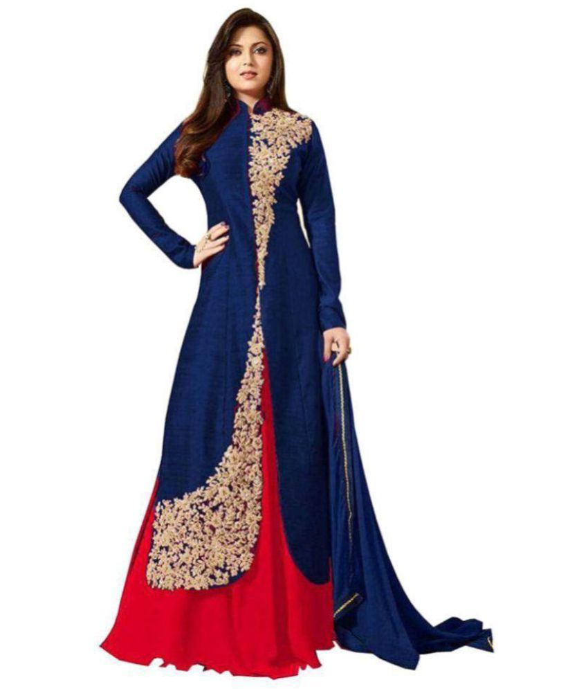     			Bhuwal Fashion Red and Blue Bangalore Silk Anarkali Gown Semi-Stitched Suit